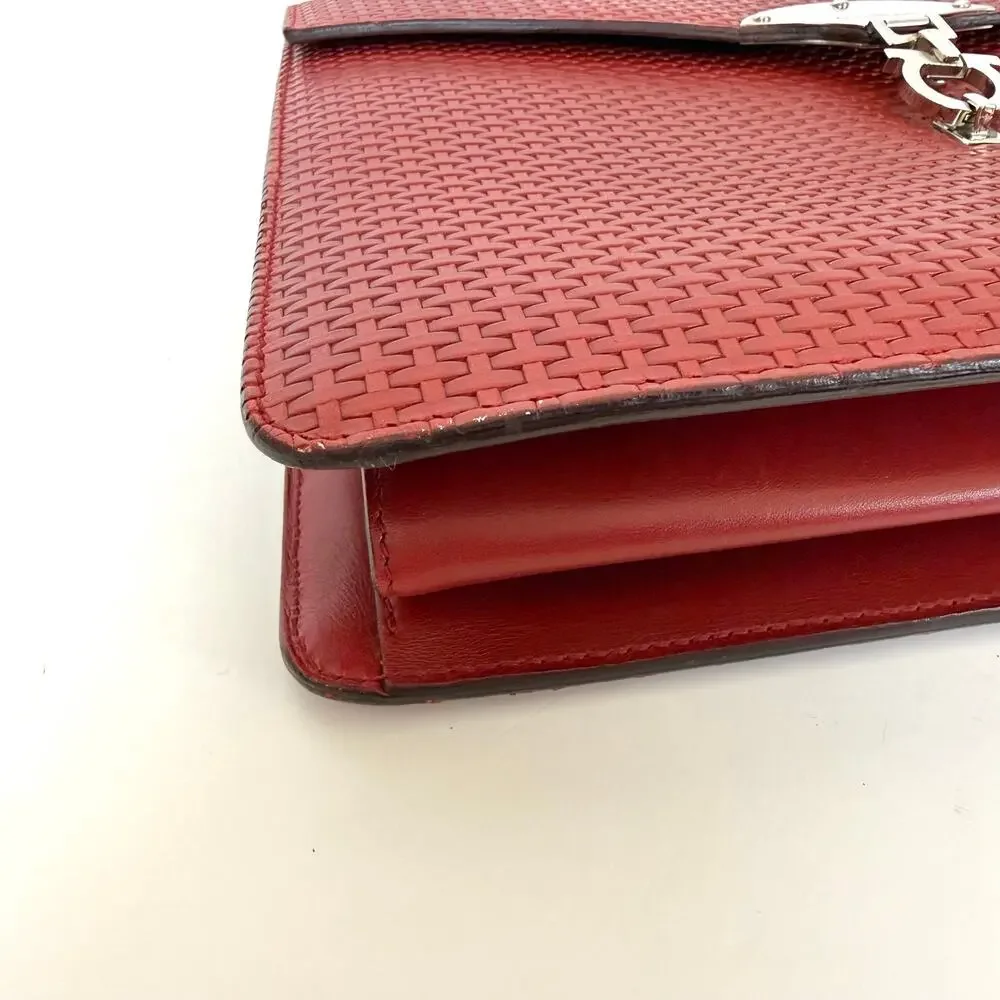 Ferragamo Gancini Woven Top Handle Satchel Bag Red Leather Made in Italy